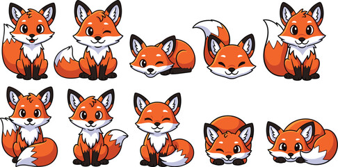 Fototapeta premium Adorable cartoon fox collection isolated on white background set of cute foxes in different poses vector illustration of funny forest animal characters