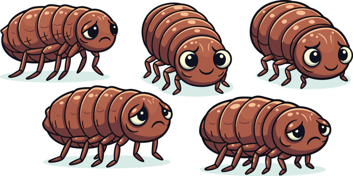 Group of cute cartoon woodlice isolated on white background adorable pill bugs with sad and happy expressions funny isopod insects vector illustration