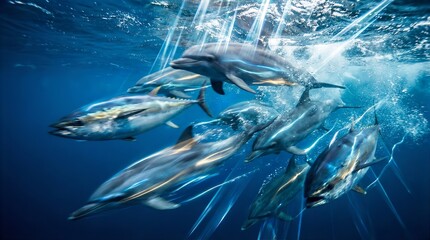 Ocean's Dance: A captivating underwater scene where graceful dolphins and fast tuna swim together in their natural habitat, symbolizing the beauty and interconnectedness of marine life.