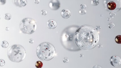 Silver and red Christmas ornaments floating in the air against a white background.