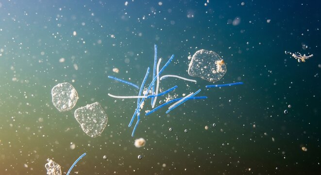 Blue  white plastic fibersfragments float with particles in murky water some bubblelike structures  one larger organic form