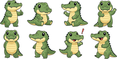 Naklejka premium Set of adorable cartoon alligator characters isolated on white background cute reptile mascot in various poses vector illustration for kids design
