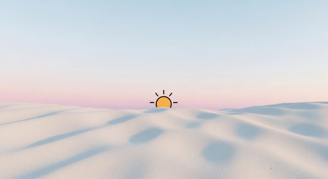 A sun with rays and a yellow circle in a desert landscape with sand dunes and a pink sky. - Powered by Adobe