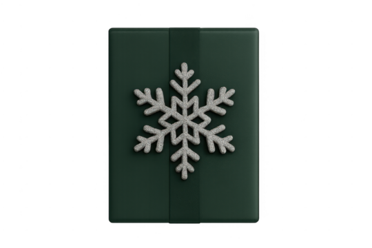 Green gift box with silver snowflake, transparent background - Powered by Adobe