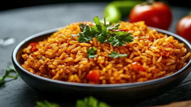 Bowl of reddish rice dish topped with parsley, tomatoes, and peppers