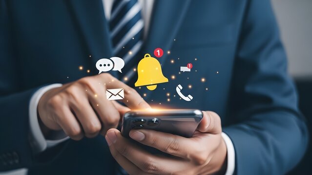 Businessman using smartphone with notification icons communication and technology concept