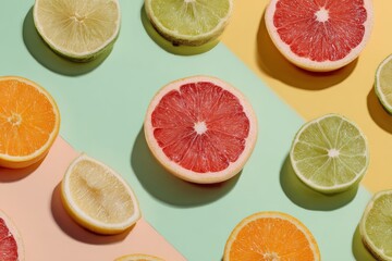 Fototapeta premium Vivid citrus slices arranged geometrically on a pastel background with strong shadows.
