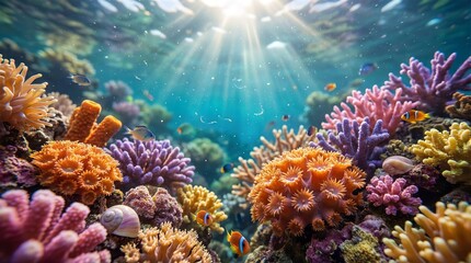 Vibrant Coral Reef Underwater: Discover the breathtaking beauty of a colorful coral reef teeming with life, where sunlight filters through the crystal-clear water.