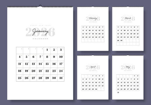 2026 Calendar Template , Modern Minimal Yearly Wall Calendar Layout