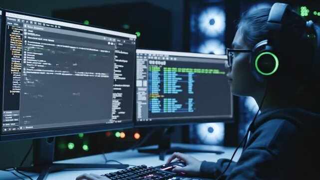 A person wearing a headset and glasses stares intently at computer screens filled with code