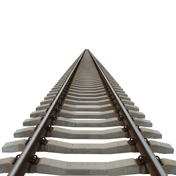 Perspective view of railroad tracks converging towards a distant horizon isolated on transparent background