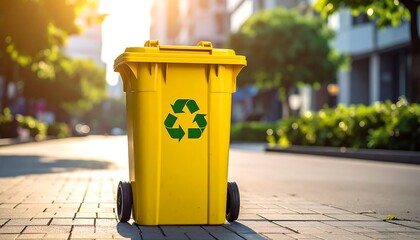 Sunny street scene of a yellow recycling bin