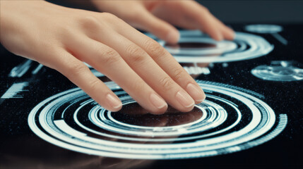 Human hands interacting with futuristic digital touch interface