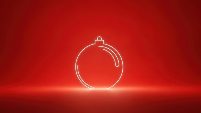 A glowing neon Christmas ornament against a red background.