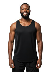 Fototapeta premium A muscular black man with a beard and a broad smile wearing a black tank top and shorts standing confidently isolated on transparent background