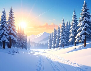 Sunny winter landscape with snowy trees and a path leading into the mountains