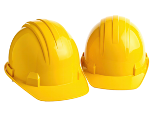 Two yellow hard hats, construction safety gear isolated