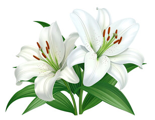 Naklejka premium Two detailed white lilies with green leaves