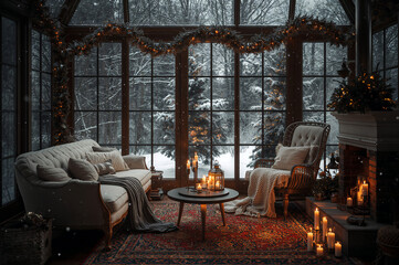 Glass Sunroom Christmas Decor: Rustic Comfort in a Forest Setting