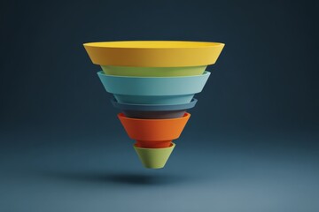 Colorful layered funnel made of textured geometric cones stacked in a floating arrangement.