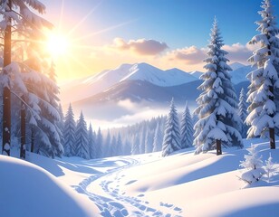 Sunny winter landscape with snowy trees and a winding path