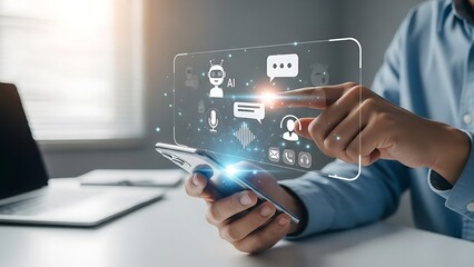 Woman interacting with futuristic holographic interface on smartphone.