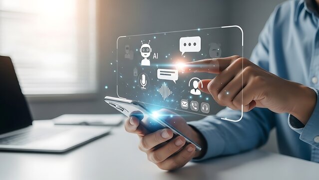 Woman interacting with futuristic holographic interface on smartphone.