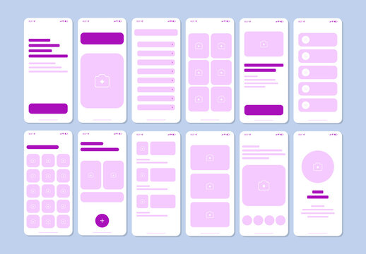 Set of Mobile App Wireframe Screens UX Design Templates