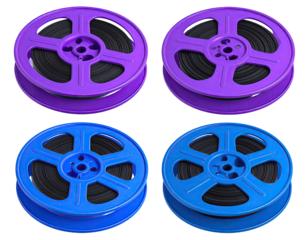 Purple/blue film reels with black film in a four-square set
