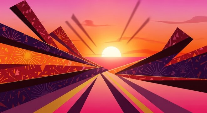 A vibrant sunset with colorful geometric shapes and a sun setting in the sky.