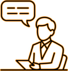 Man in suit sitting at desk with speech bubble above