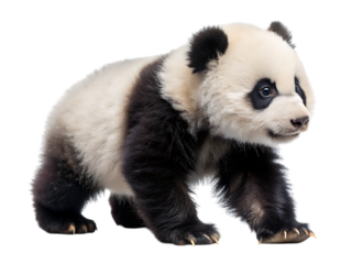 A fluffy baby giant panda cub with distinctive black and white markings walks playfully, captured in a studio setting with a transparent background.