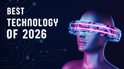 Futuristic human head wearing immersive virtual reality headset with holographic interface showcasing best technology trends and digital innovation for 2026