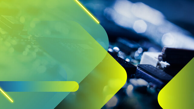 Abstract technology background with blurred computer hardware and vibrant green geometric overlay for modern digital presentation, innovation and futuristic business design