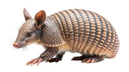 Nine-banded armadillo with its distinctive banded armor plating, isolated on a white background, showcasing its unique natural defense and appearance.