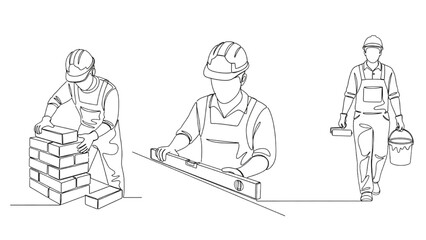 Continuous Line Art Workers Stacking Bricks, Checking Level, and Carrying Paint Tools – Minimalist Black One-Line Illustration