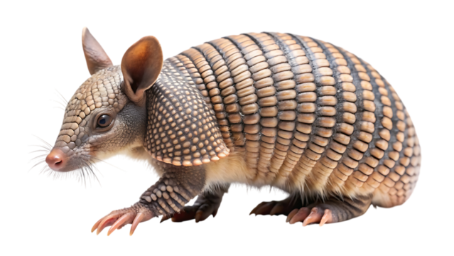 Nine-banded armadillo with its distinctive banded armor plating, isolated on a white background, showcasing its unique natural defense and appearance.