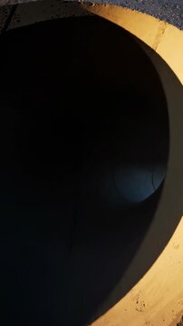 Extreme close-up shot of a rough concrete wall showing a massive concave curvature under shifting daylight illumination grey tone, material science, shadow play