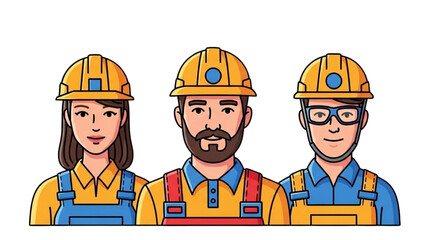 Construction Team Portrait – Professional Workers in Safety Helmets, Cartoon Vector Illustration
