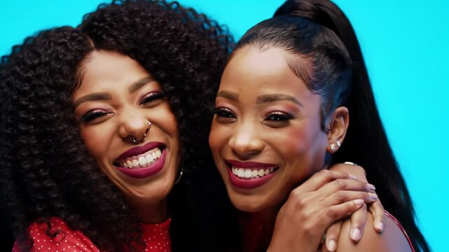 Two African American women embracing, laughing joyfully & smiling at camera, one with curly hair & nose ring, other with high ponytail on azure blue background with bokeh. Sincere friendship concept.