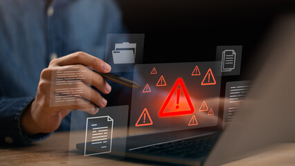 Obraz premium digital warning alert displayed on laptop with document icons, representing system risk, data threat, cyber alerts, file security issues, online protection challenges in modern digital environments.
