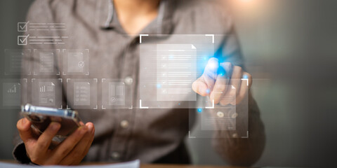 A person interacting with digital checklist documents through a virtual interface, representing online verification, task approval, cloud-based data processing, efficient workflow management