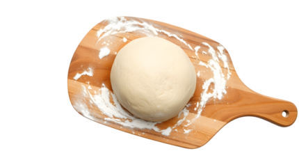 pizza dough on a wooden plate on white background
