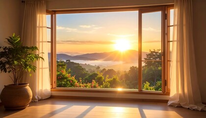 Sunrise view through large window, with curtains and potted plant