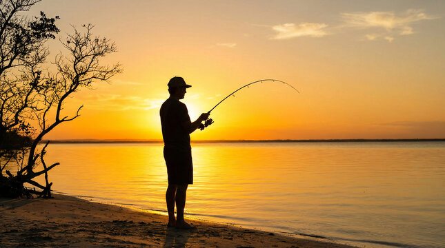A lone fisherman casts his line, silhouetted against a vibrant golden sunset over calm waters, evoking peace and relaxation by the beach