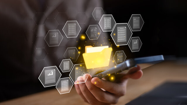 Digital documents floating above a smartphone represent secure file management, cloud storage, data organization, highlighting modern mobile workflow solutions for business productivity - Powered by Adobe