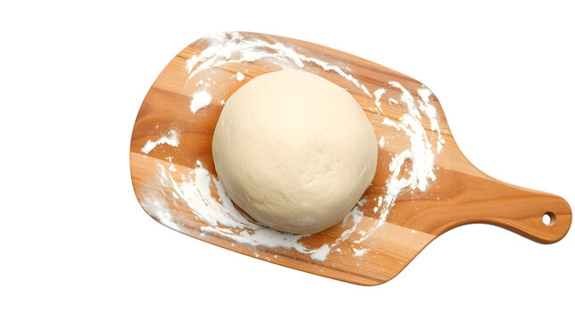 pizza dough on a wooden plate on white background