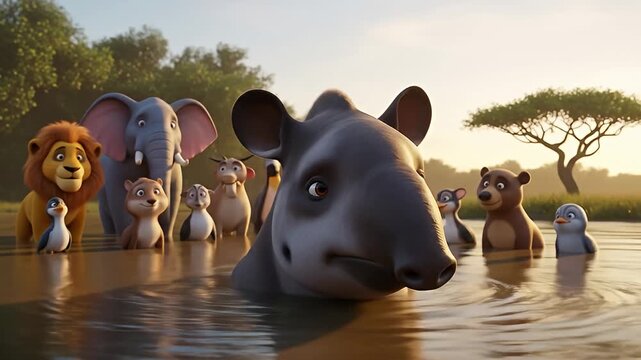 Animated animals in a river, a tapir in the foreground with other animals in the background.
