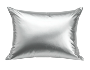 Silver satin pillow, slightly crumpled, centered