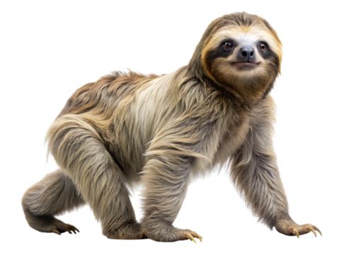 Adorable three-toed sloth with thick fur and expressive eyes poses on isolated background, capturing its gentle nature and unique appearance.